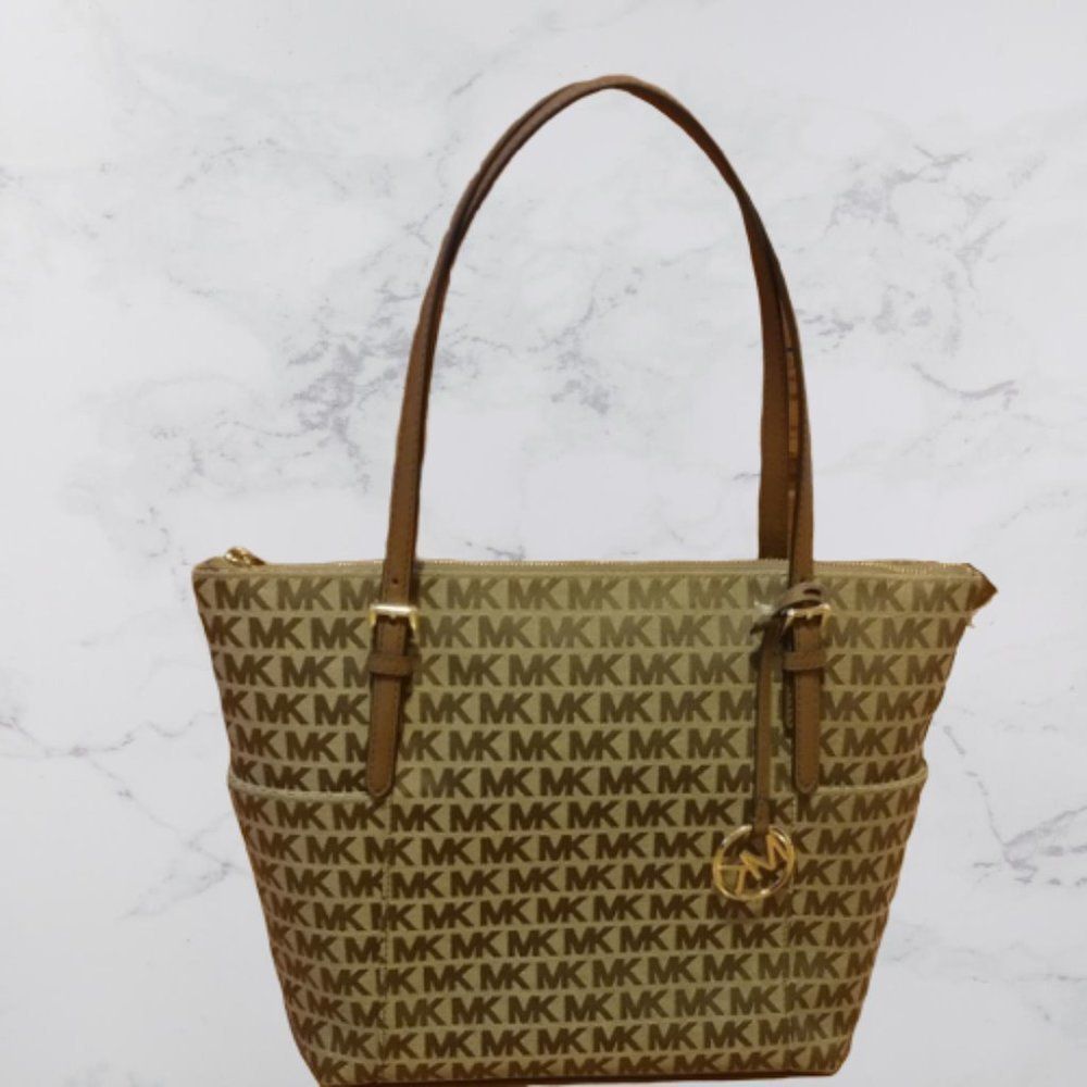 Michael Kors Jet Set East West Zip Tote Logo Canvas Bag NWT